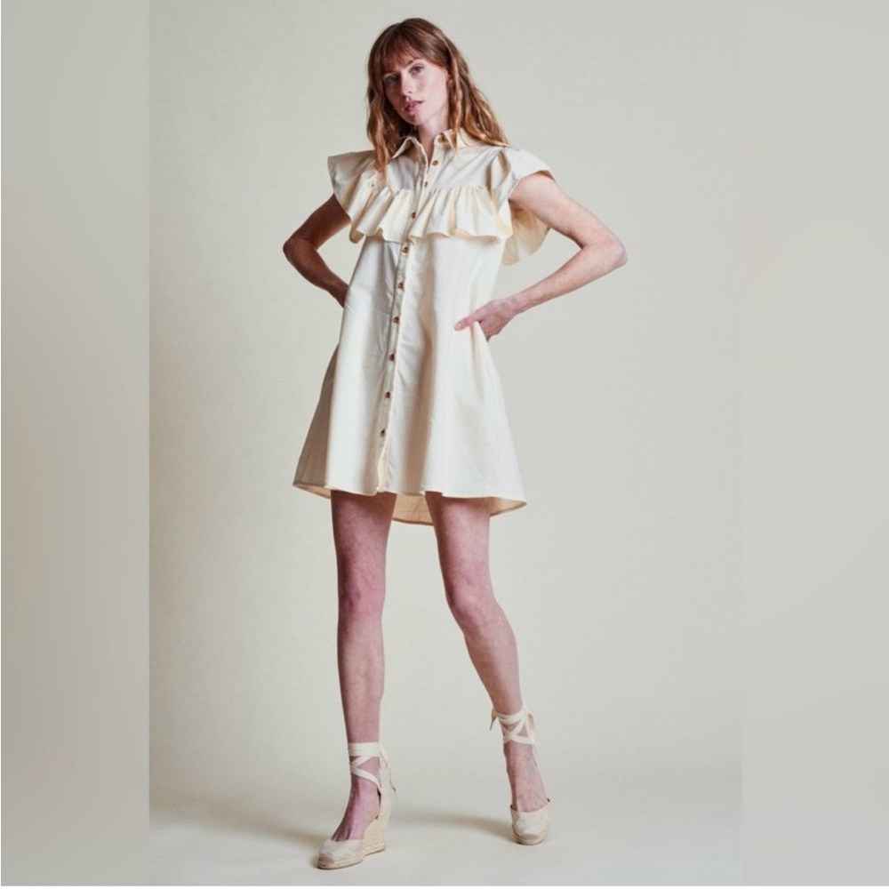 The Shirt by Rochelle Behrens Cream Ruffle Mini Dress